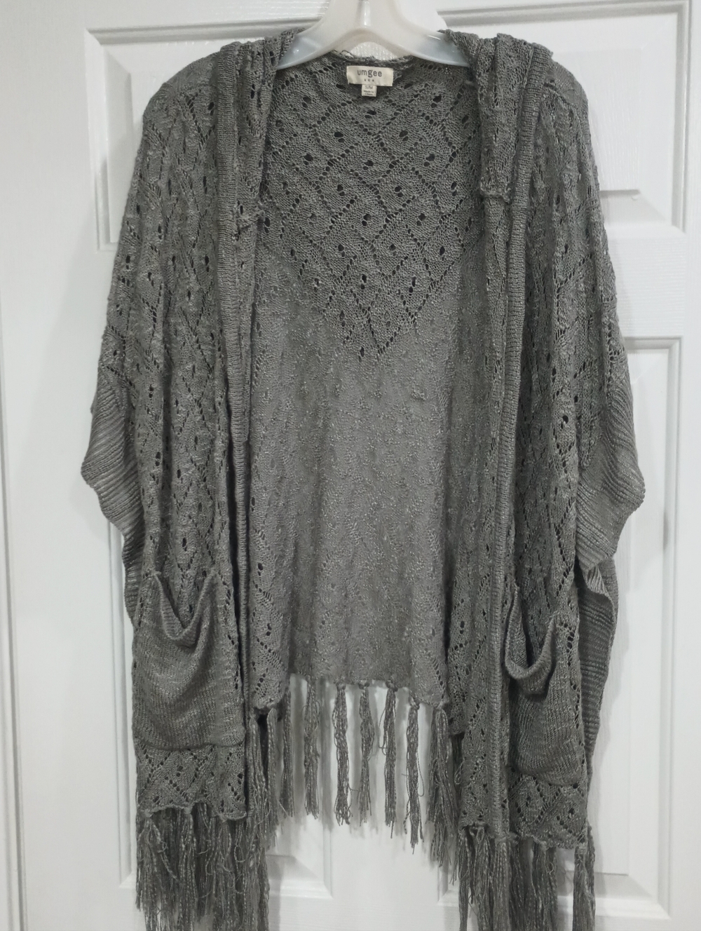 Umgee Gray Open-Knit Fringe Hooded Poncho Cardigan